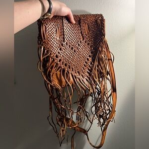 Brown Woven Fringe Bag- Genuine Leather